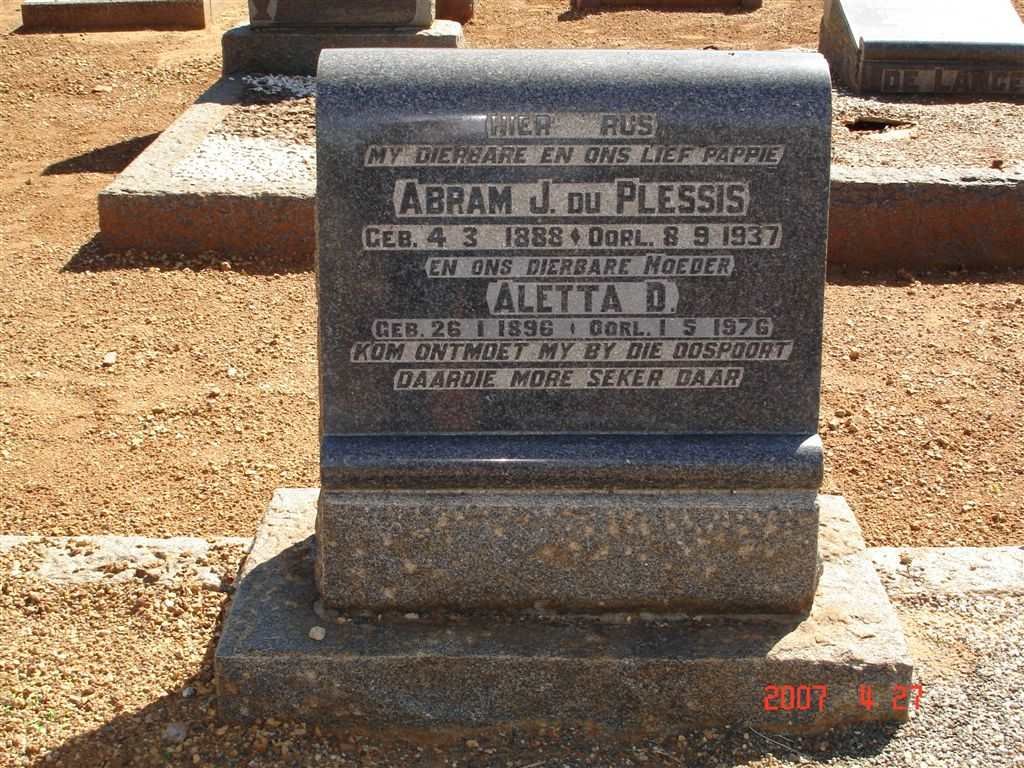 PLESSIS Abram J., du 1888-1937 &amp; Aletta D. 1896-1976