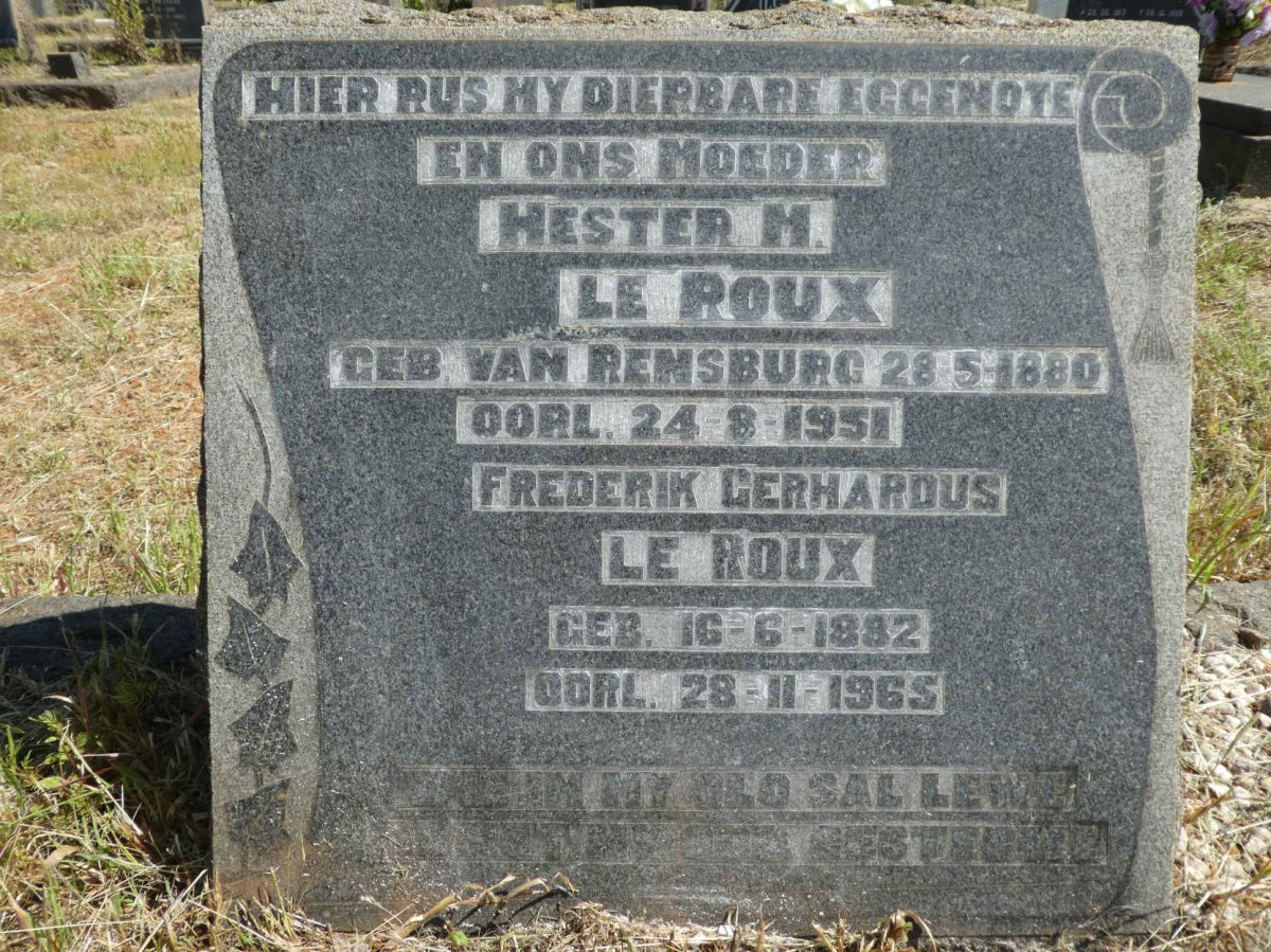 ROUX Frederik Gerhardus, le 1882-1965 &amp; Hester M. VAN RENSBURG 1880-1951