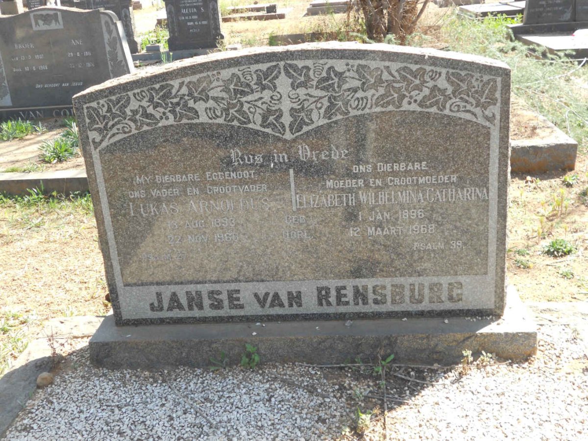 RENSBURG Lukas Arnoldus, Janse van 1893-1966 &amp; Elizabeth Wilhelmina Catharina 1896-1968