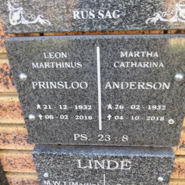 PRINSLOO Leon Marthinus 1932-2016 & Martha Catharina ANDERSON 1932-2018