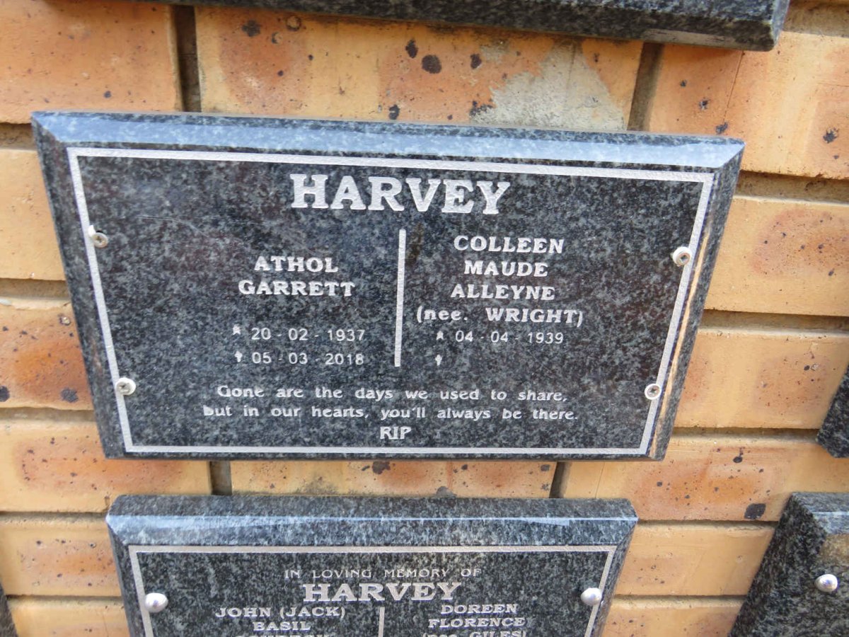 HARVEY Athol Garrett 1937-2018 & Colleen Maud Alleyne WRIGHT 1939- 