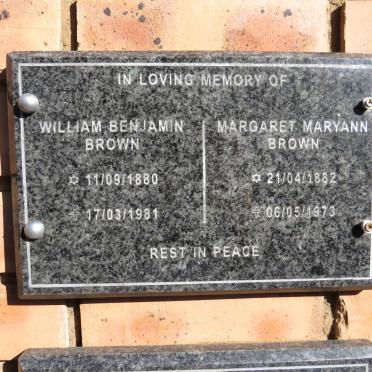 BROWN William Benjamin 1880-1981 & Margaret Maryann 1882-1973