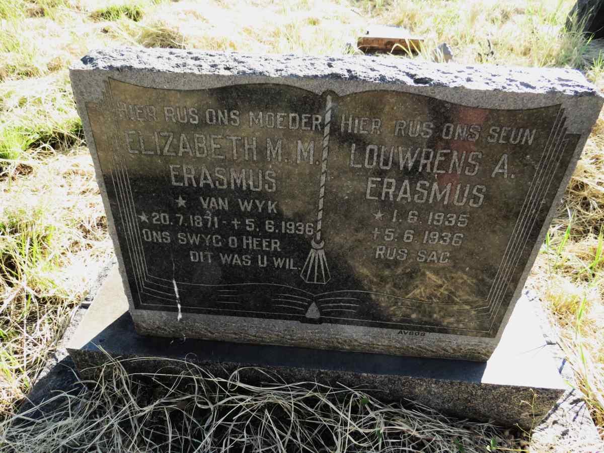 ERASMUS Elizabeth M.M. nee VAN WYK 1871-1936 :: ERASMUS Louwrens A. 1935-1936