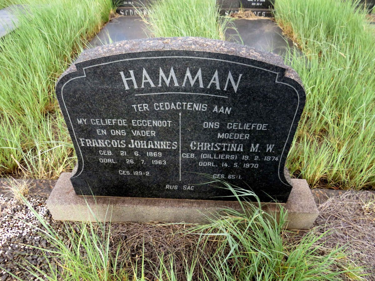 HAMMAN Francois Johannes 1869-1963 & Christina M.W. CILLIERS 1874-1970