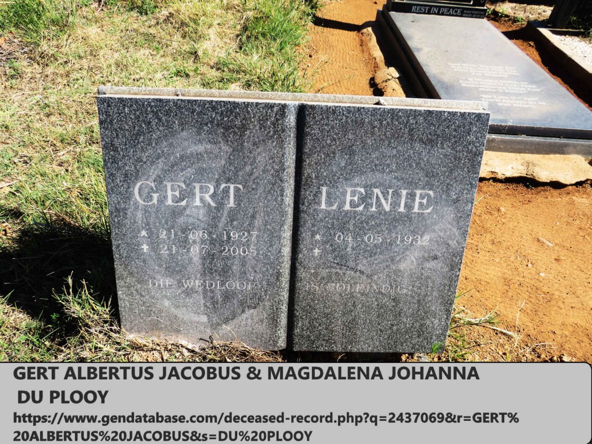 PLOOY Gert Albertus Jacobus, du 1927-2005 & Magdalena Johanna 1932-