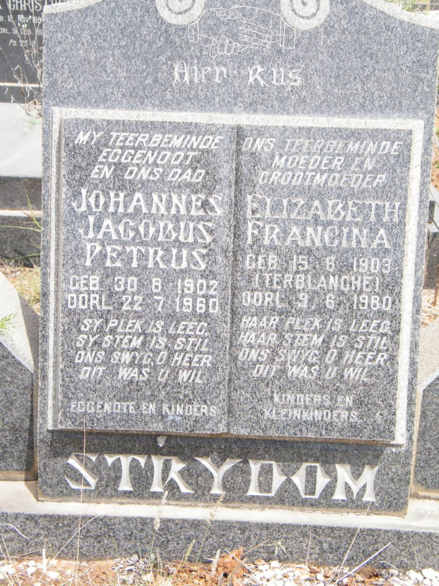 STRYDOM Johannes Jacobus Petrus 1902-1960 &amp; Elizabeth Francina TERBLANCHE 1903-1980