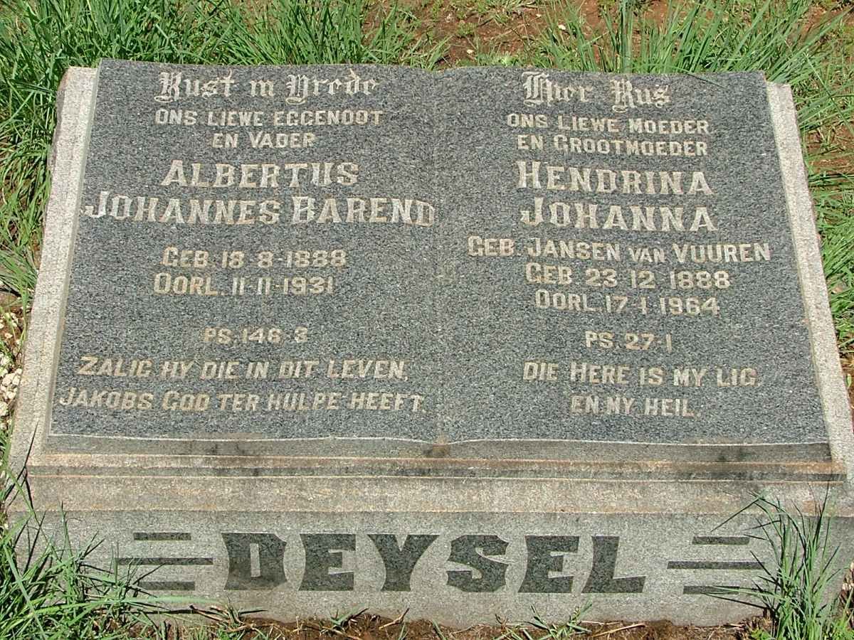DEYSEL Albertus Johannes Barend 1888-1931 &amp; Hendrina Johanna JANSEN VAN VUUREN 1888-1964