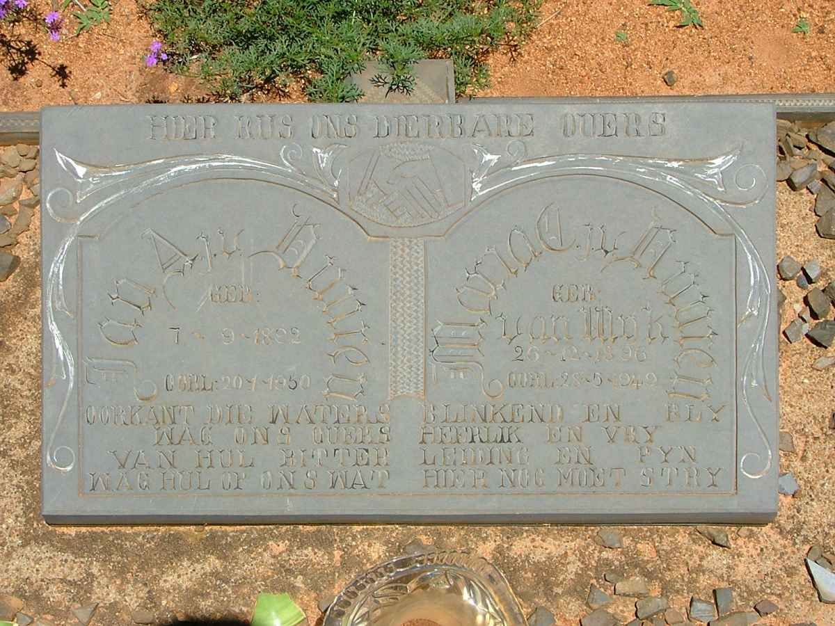 VUUREN Jan A., J.v. 1892-1950 &amp; Maria C. VAN WYK 1896-1949