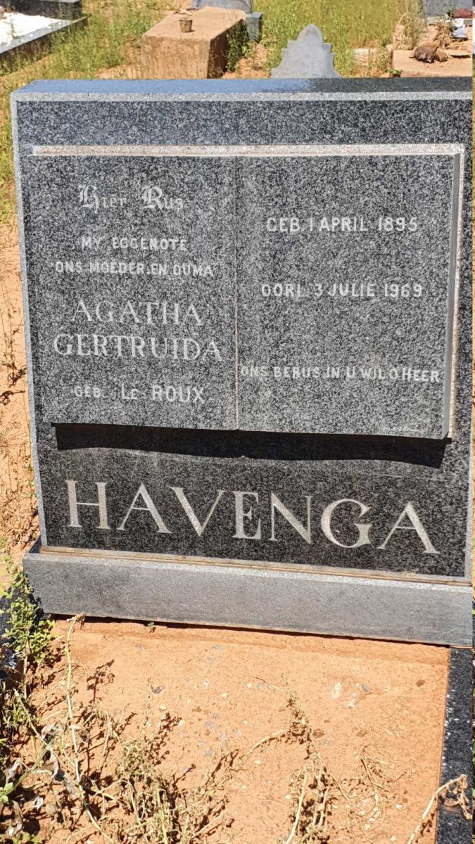 HAVENGA Agatha Gertruida nee LE ROUX 1895-1969