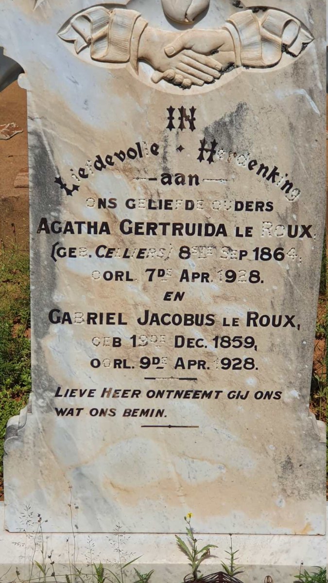 ROUX Gabriel Jacobus, le 1859-1928 &amp; Agatha Gertruida CELLIERS 1864-1928
