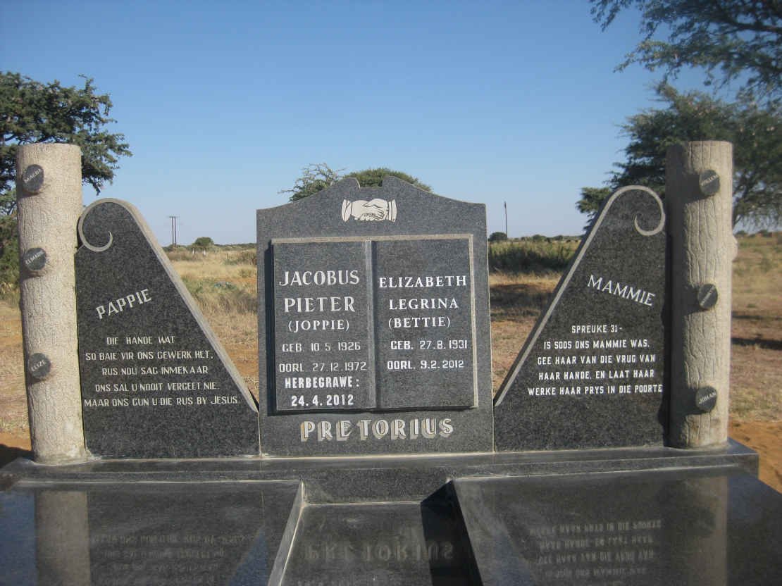 PRETORIUS Jacobus Pieter 1926-1972 &amp; Elizabeth Legrina 1931-2012