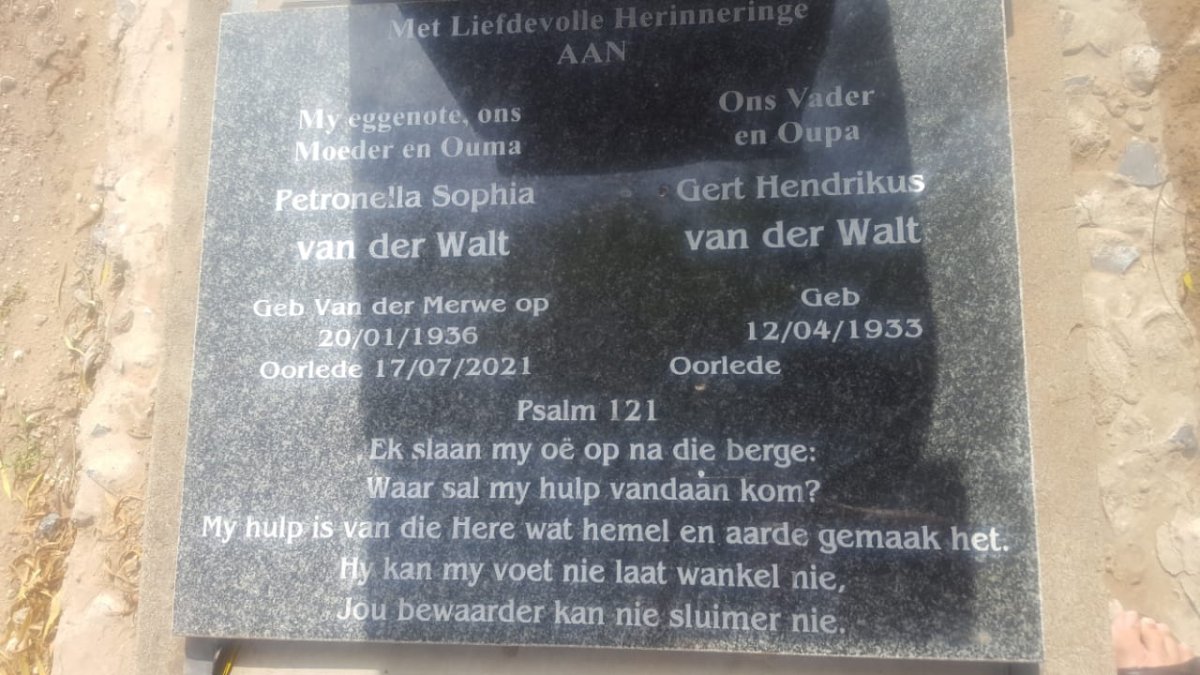 WALT Gert Hendrikus, van der 1933- &amp; Petronella Sophia VAN DER MERWE 1936-2021