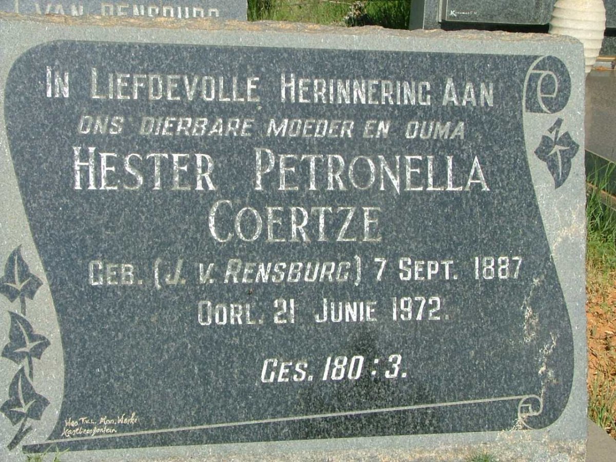 COERTZE Hester Petronella nee J.V.RENSBURG 1887-1972
