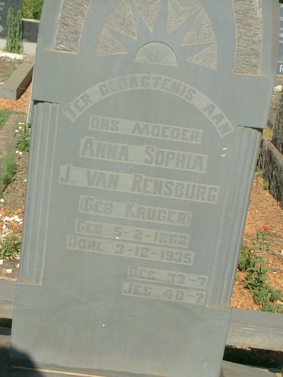 RENSBURG Anna Sophia, J. van nee KRUGER 1862-1935