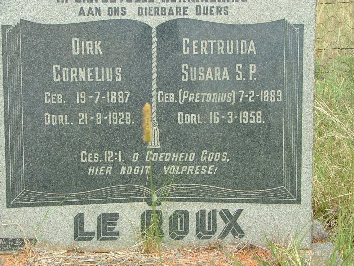 ROUX Dirk Cornelius, le 1887-1928 &amp; Gertruida Susara S.P. PRETORIUS 1889-1958
