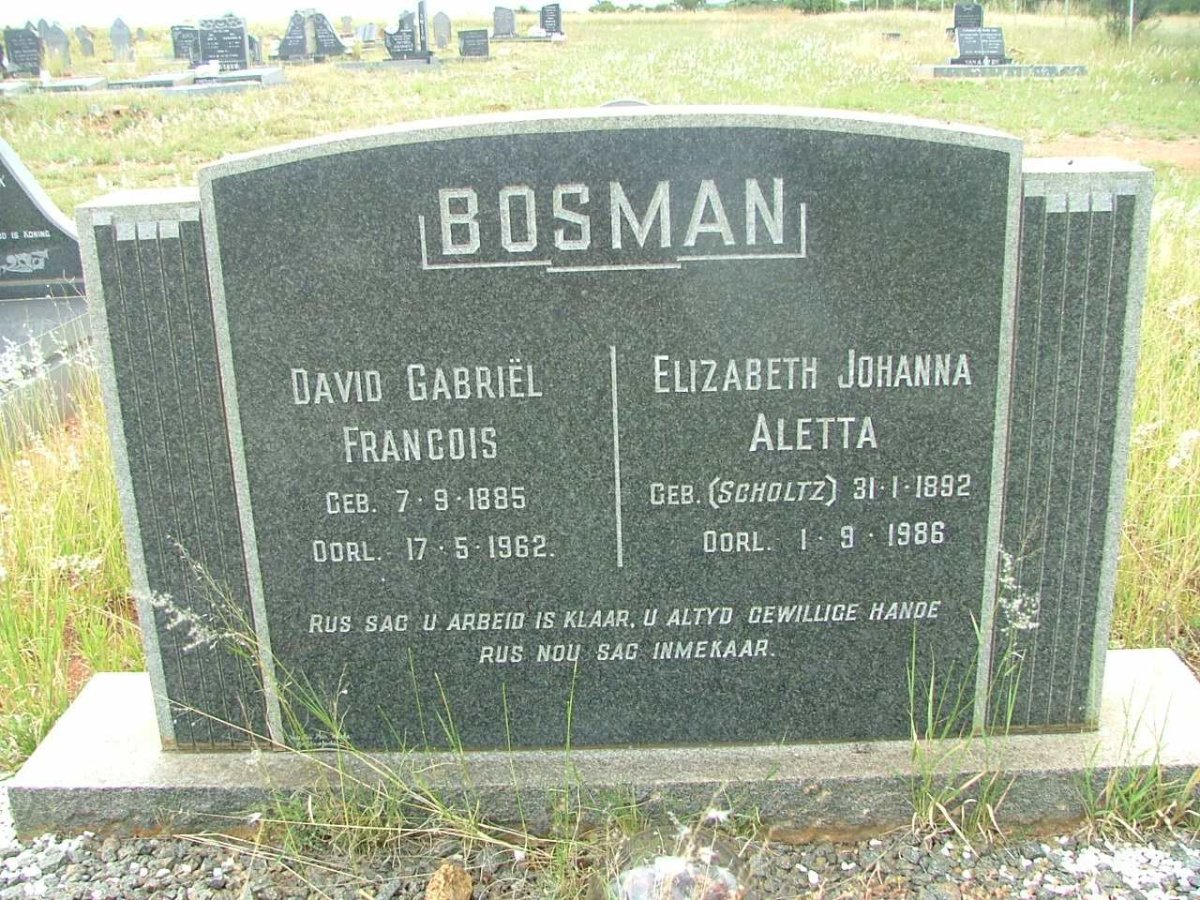 BOSMAN David Gabriël Francois 1885-1962 &amp; Elizabeth Johanna Aletta  SCHOLTZ 1892-1986