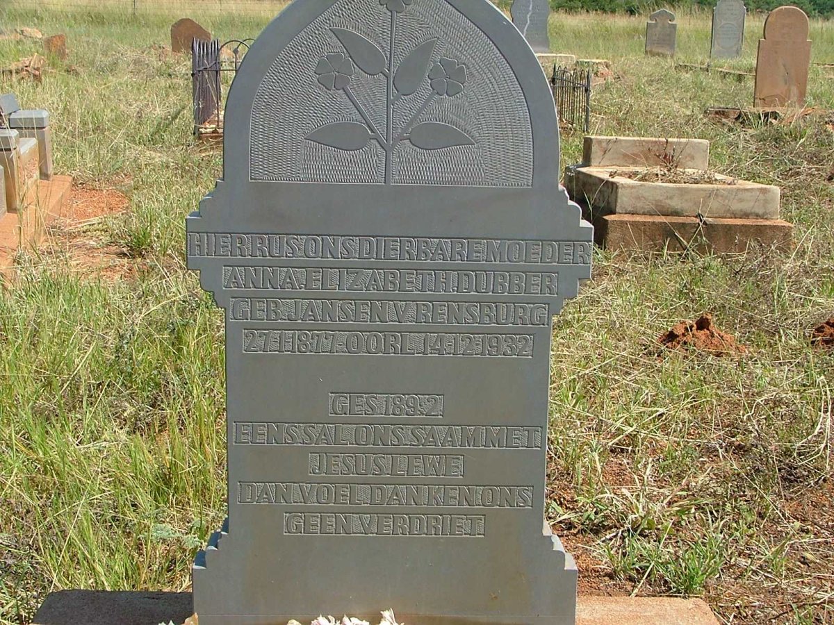DUBBER Anna Elizabeth nee JANSEN V. RENSBURG 1877-1932