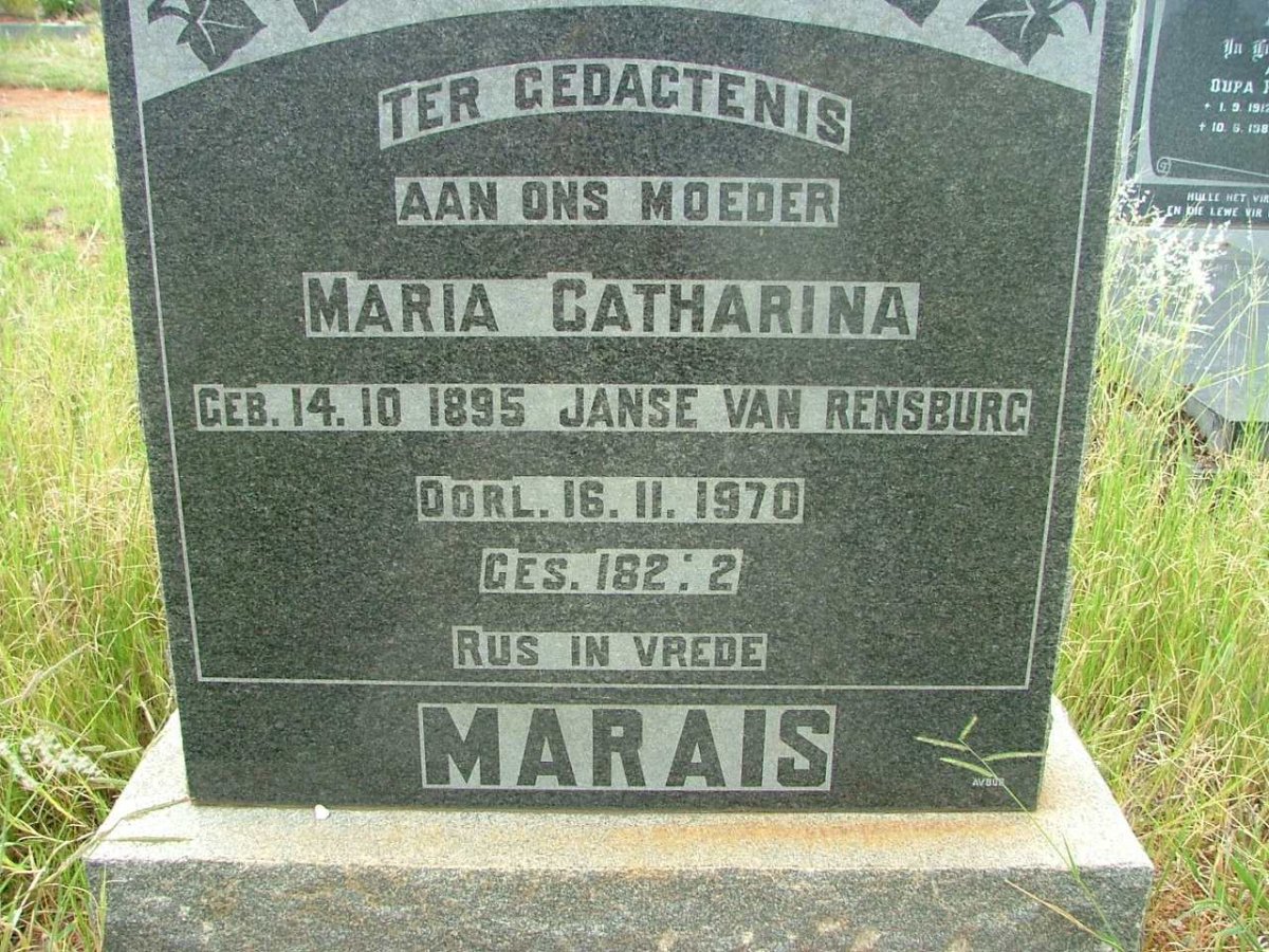 MARAIS Maria Catharina nee JANSE VAN  RENSBURG 1895-1970