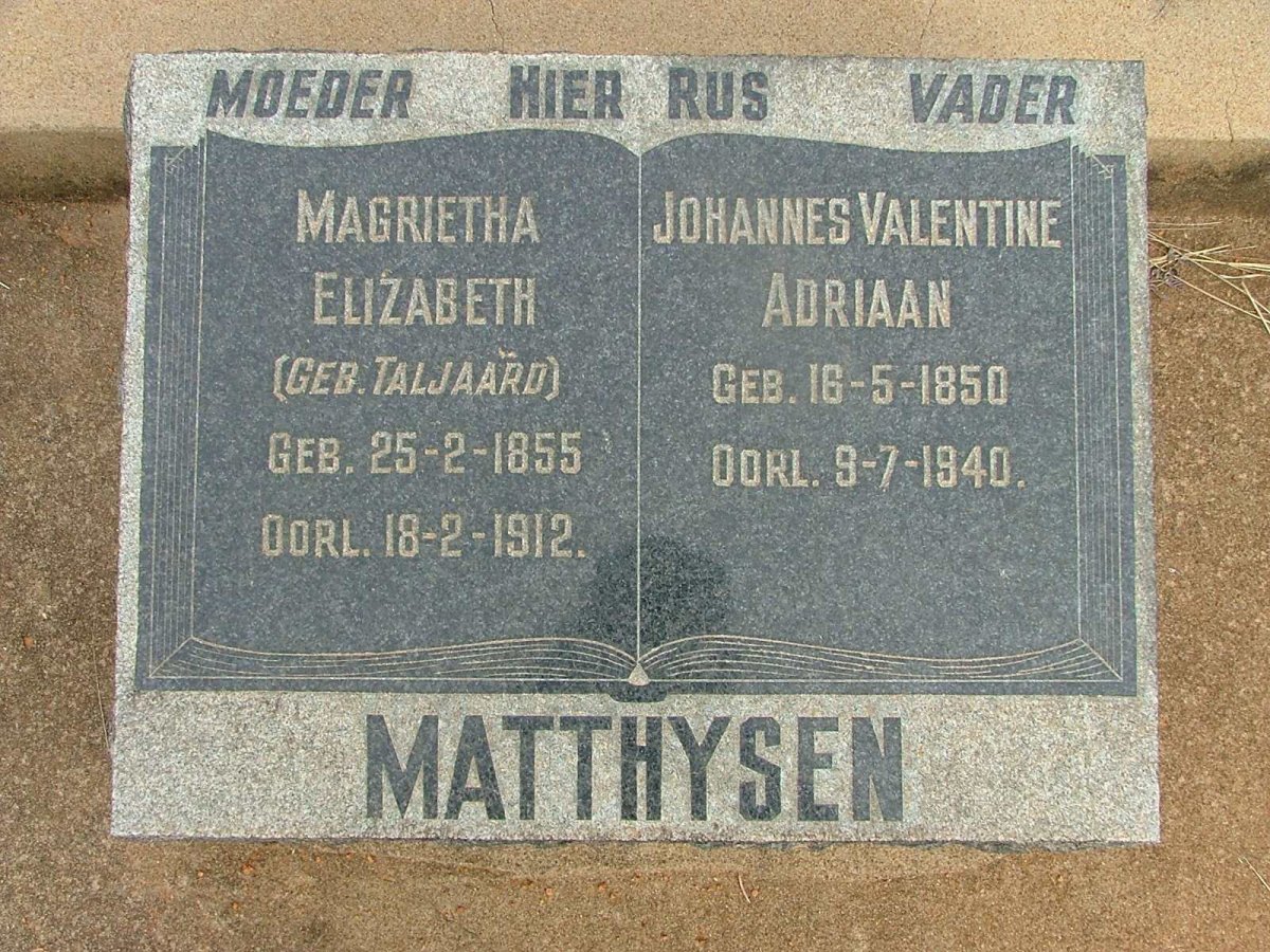 MATTHYSEN Johannes Valentine Adriaan 1850-1940 &amp; Margarietha Elizabeth  TALJAARD 1855-1912