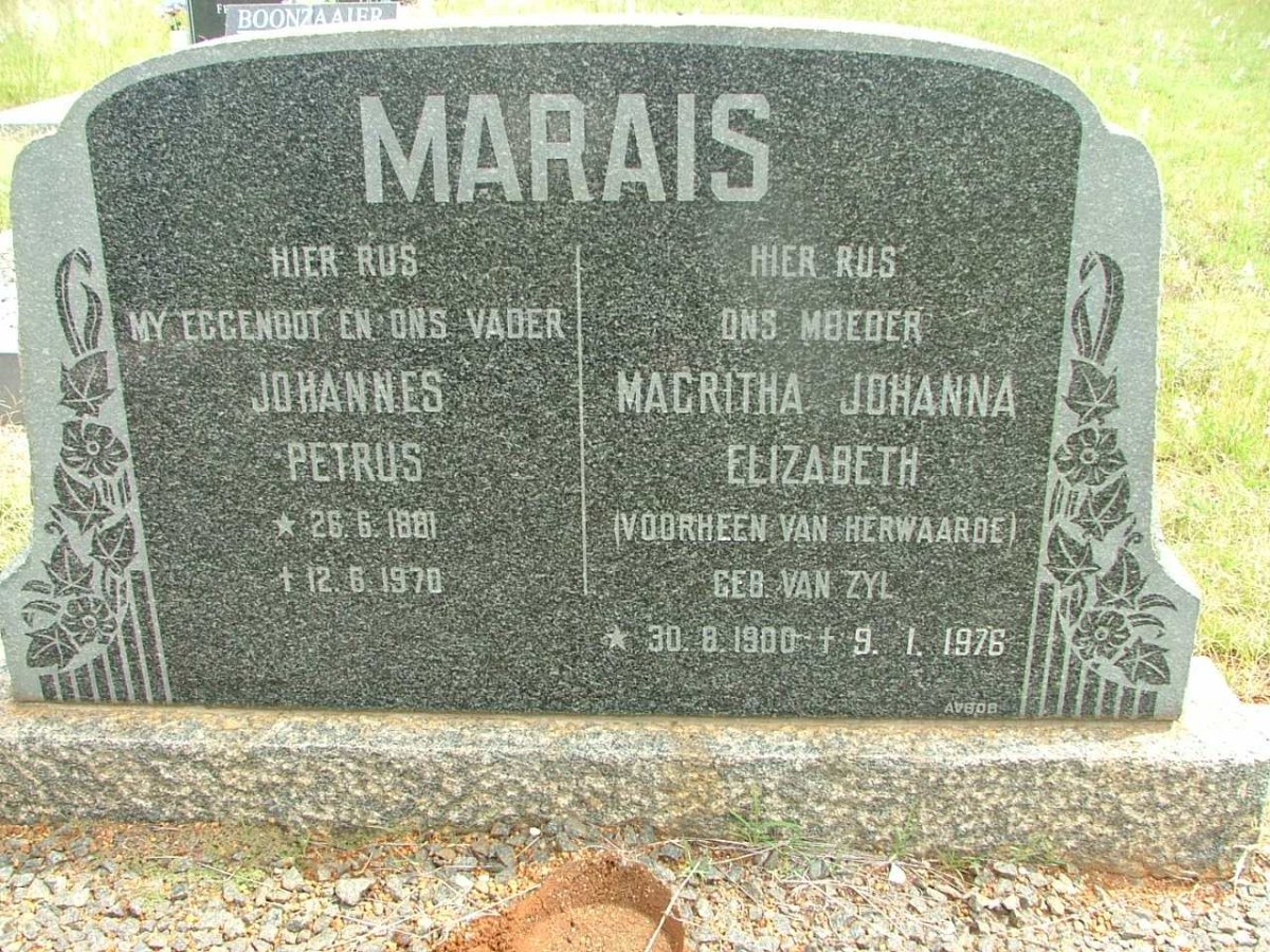 MARAIS Johannes Petrus 1881-1970 &amp; Magritha Johanna Elizabeth VAN HERWAARDE  nee VAN  ZYL 1900-1976
