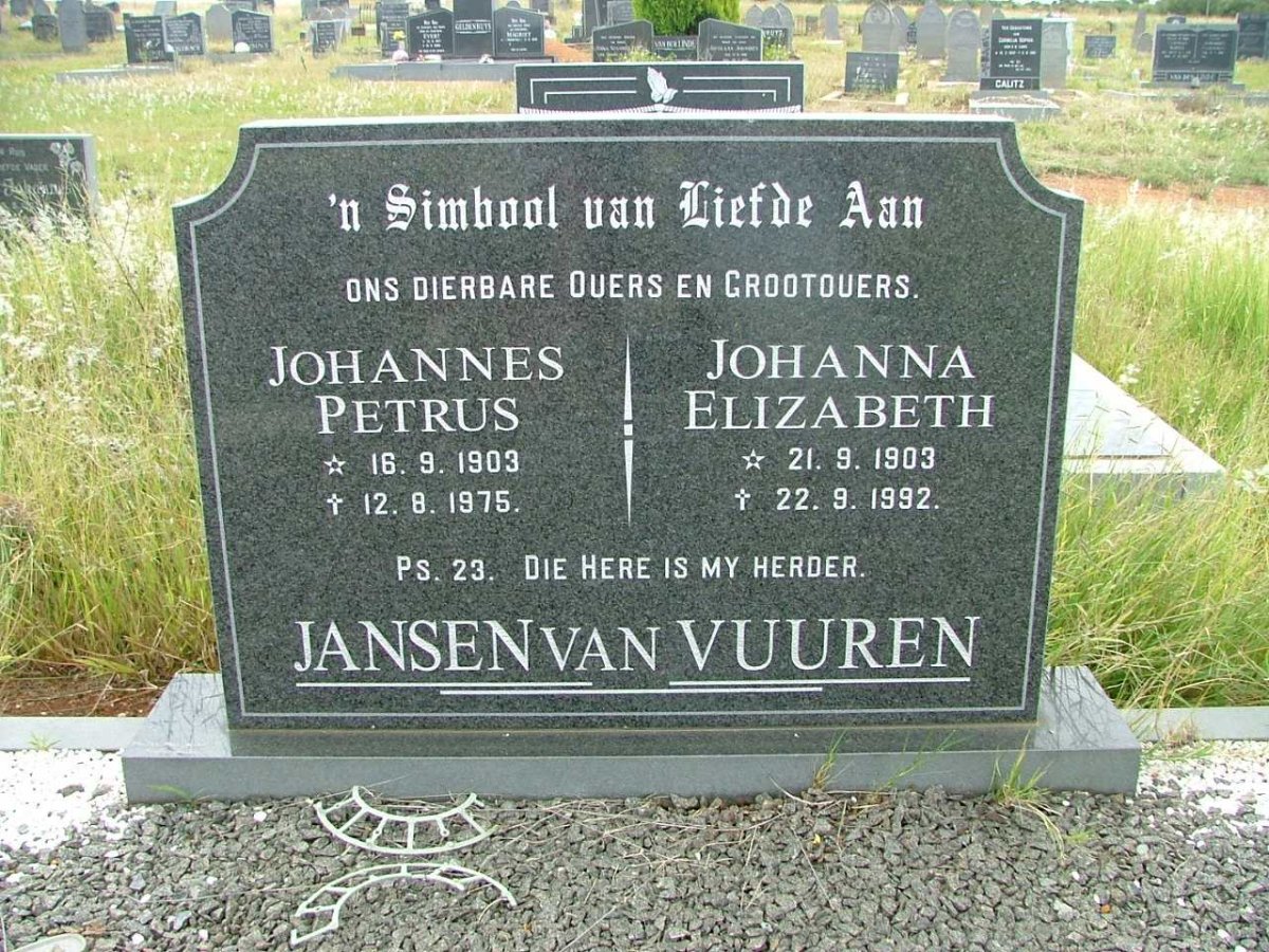 VUUREN Johannes Petrus, Jansen van 1903-1975 &amp; Johanna Elizabeth 1903-1992