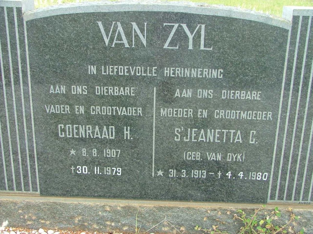ZYL Coenraad H., van 1907-1979 &amp;  S'Jeanetta C.  VAN DYK 1913-1980
