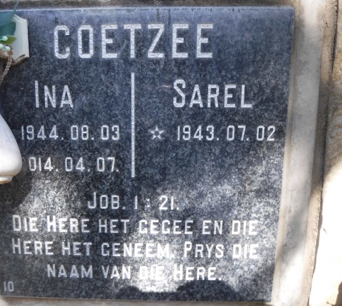 COETZEE Sarel 1943- &amp; Ina 1944-2014